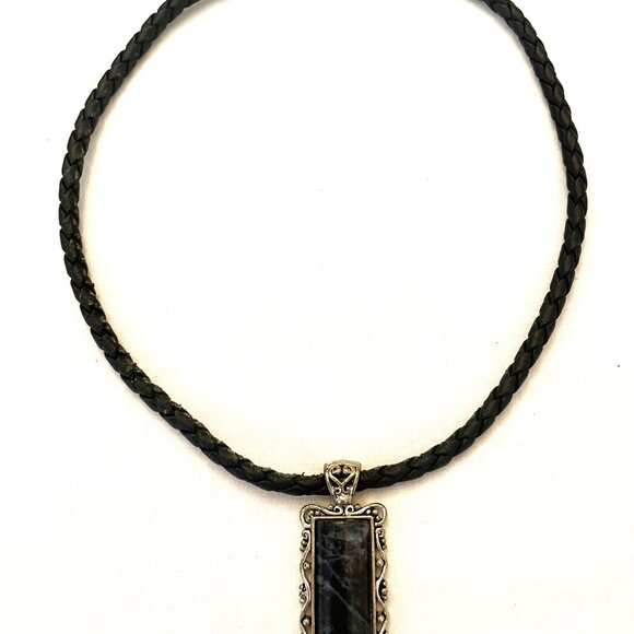 18" Choker Necklace Blue Marbled Stone Pendant Black Braided Vinyl Rope Handmade - Picture 1 of 6